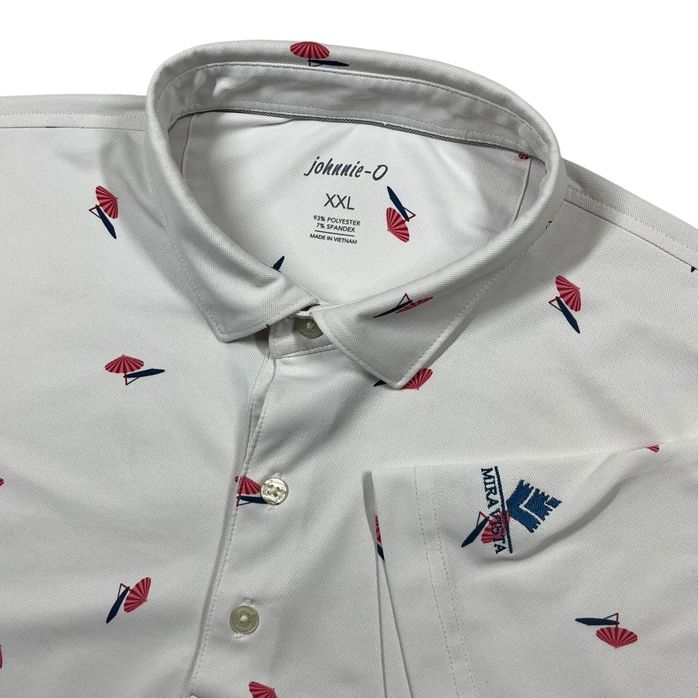 johnnie-O Polo Mens XXL White Umbrella Print Sunshade Golf Shirt Mira Vista Logo